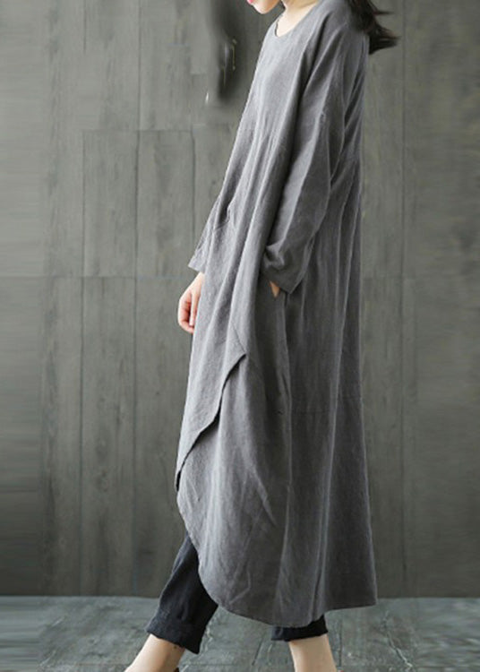 Plus Size Grey Patchwork Linen Long Dresses Spring