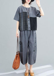 Plus Size Grey Patchwork Print Two Piece Set Women Clothing Summer Linen - SooLinen