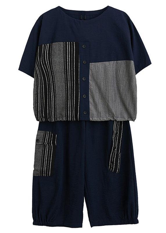 Plus Size Grey Patchwork Print Two Piece Set Women Clothing Summer Linen - SooLinen