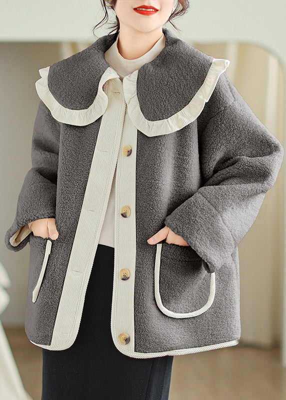 Plus Size Grey Peter Pan Collar Pockets Teddy Faux Fur Coat Winter