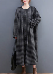 Plus Size Grey Plaid O-Neck Button Maxi Dresses Long Sleeve