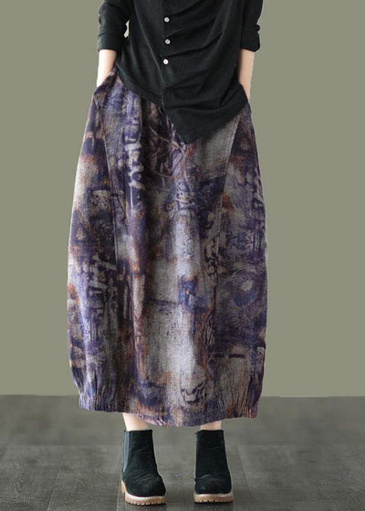 Plus Size Grey Purple Retro Print A Line Pockets Fall Skirts - SooLinen