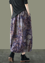 Plus Size Grey Purple Retro Print A Line Pockets Fall Skirts - SooLinen