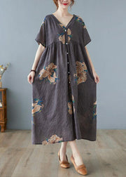 Plus Size Grey Retro Button Summer Print Half Sleeve Maxi Dress - SooLinen