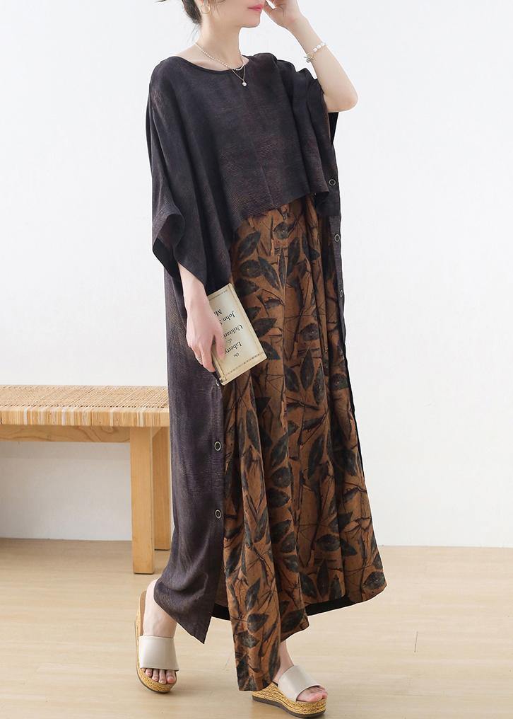 Plus Size Grey Silk blended Patchwork Print Holiday Dress Summer - SooLinen