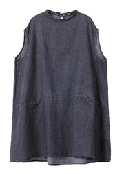 Plus Size Grey Sleeveless Pockets Loose Vacation Summer Cotton Dress - SooLinen