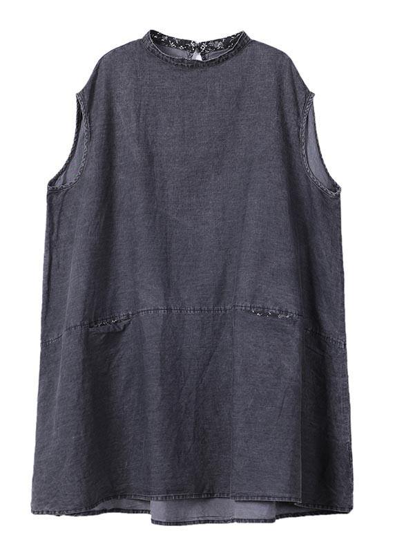 Plus Size Grey Sleeveless Pockets Loose Vacation Summer Cotton Dress - SooLinen