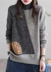 Plus Size Grey Stand Collar Patchwork Button Knit Sweaters Winter