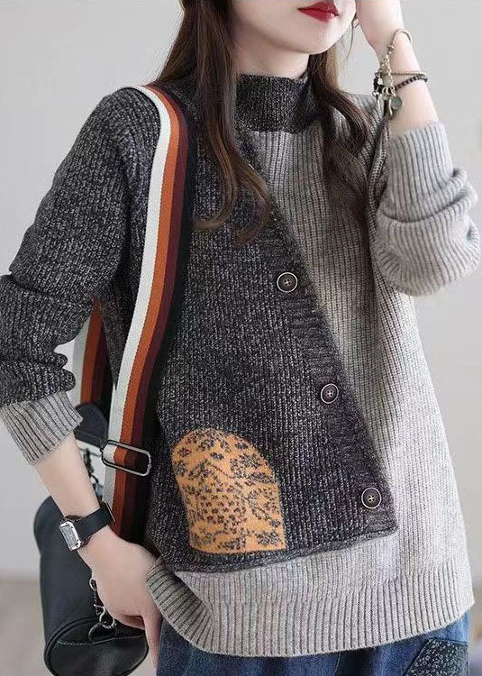 Plus Size Grey Stand Collar Patchwork Button Knit Sweaters Winter