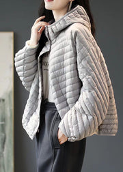 Plus Size Grey Striped Button Fine Cotton Filled Parka Winter
