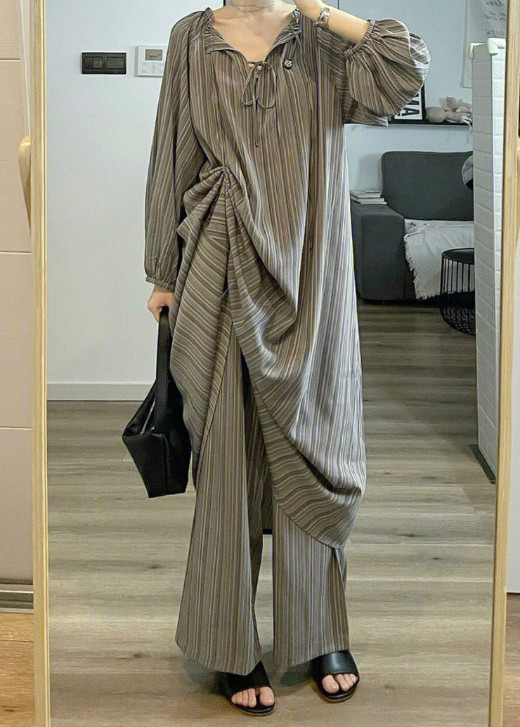 Plus Size Grey Striped Patchwork Cotton Two Pieces Set Pajamas Long Sleeve