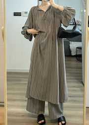 Plus Size Grey Striped Patchwork Cotton Two Pieces Set Pajamas Long Sleeve