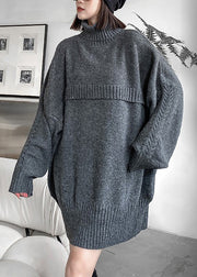Plus Size Grey Turtleneck Cozy Chunky Oversized Knitted Cotton Sweater Winter