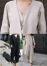 Plus Size Grey V Neck Button Linen Jumpsuit Spring