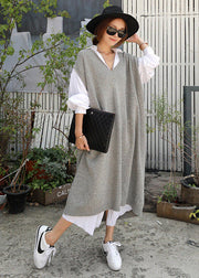 Plus Size Grey V Neck Knit Long Dress Short Sleeve