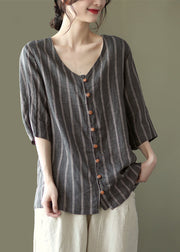 Plus Size Grey V Neck Striped Button Linen Shirts Half Sleeve