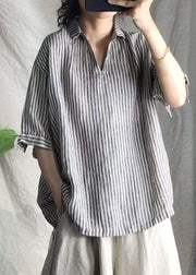 Plus Size Grey V Neck Striped Linen Top Short Sleeve