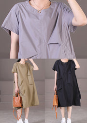 Plus Size Grey Wrinkled Solid Color Cotton Vacation Dresses Short Sleeve