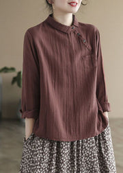 Plus Size Khaki Button Bubikragen asymmetrisches Design Cotton Tops Long Sleeve