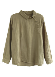 Plus Size Khaki Button Peter Pan Collar asymmetrical design Cotton Tops Long Sleeve