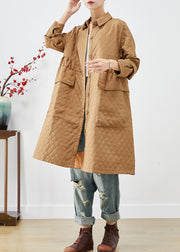 Plus Size Khaki Cinched Plaid Pockets Fine Cotton Filled Trench Winter