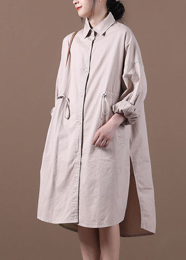 Plus Size Khaki Drawstring Side Open Cotton Shirt Dress Long Sleeve