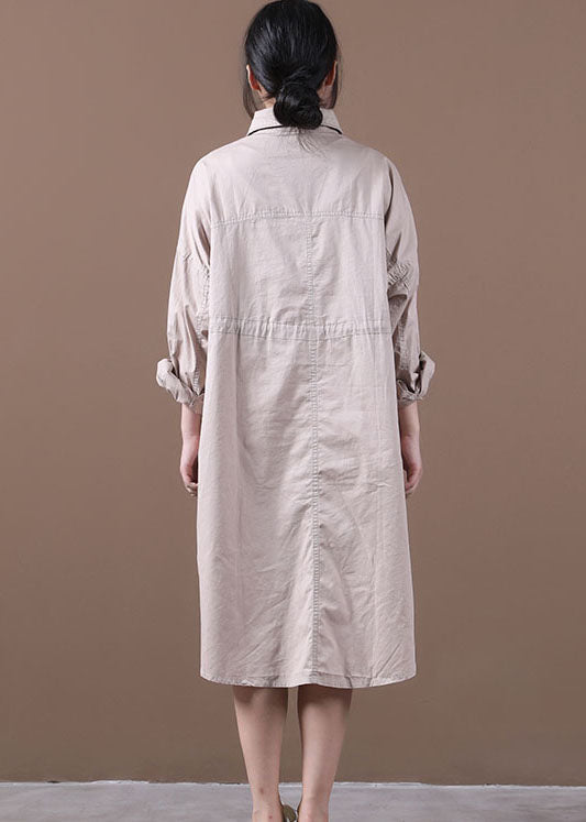 Plus Size Khaki Drawstring Side Open Cotton Shirt Dress Long Sleeve