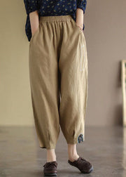 Plus Size Khaki Elastic Waist Patchwork Applique Linen Harem Pants Fall