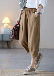 Plus Size Khaki Elastic Waist Solid Color Pockets Cotton Harem Pants Summer