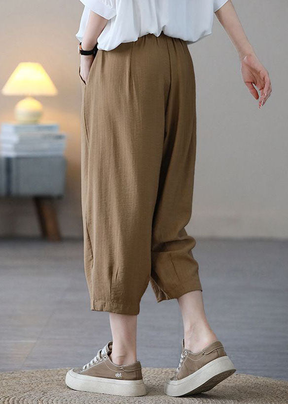 Plus Size Khaki Elastic Waist Solid Color Pockets Cotton Harem Pants Summer