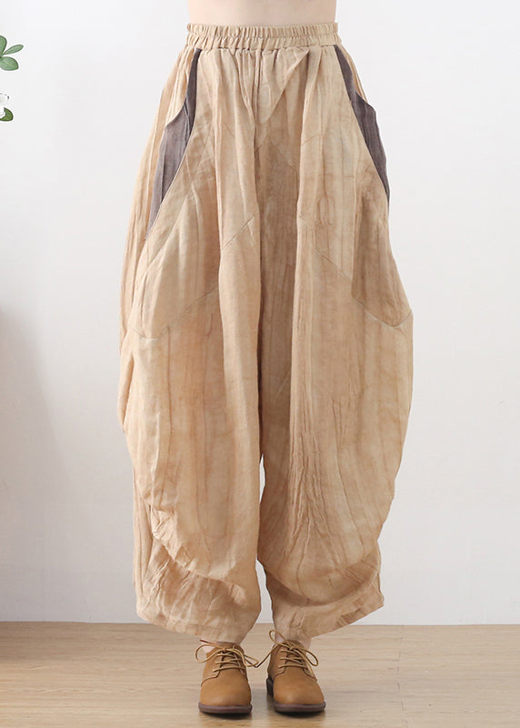 Plus Size Khaki Elastic Waist Wrinkled Patchwork Linen Harem Pants Summer