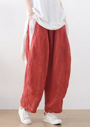 Plus Size Khaki Elastic Waist Wrinkled Patchwork Linen Harem Pants Summer