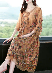 Plus Size Khaki Embroidered Cinched Silk Maxi Dresses Bracelet Sleeve