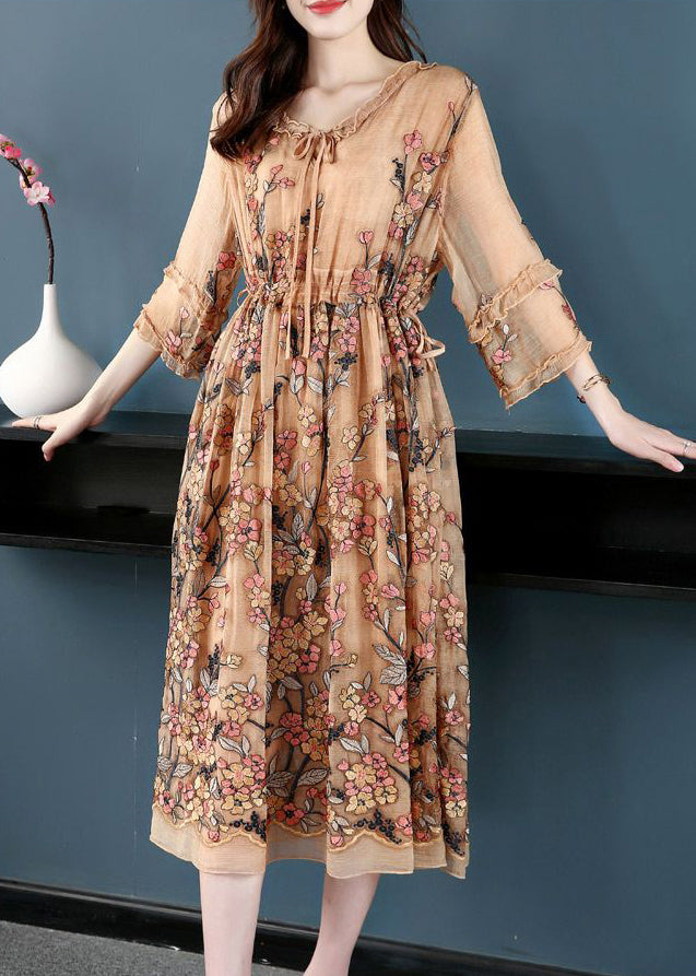 Plus Size Khaki Embroidered Cinched Silk Maxi Dresses Bracelet Sleeve