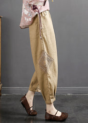 Plus Size Khaki Embroidered Floral Linen Crop Pants Summer