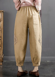 Plus Size Khaki Embroidered Floral Linen Crop Pants Summer