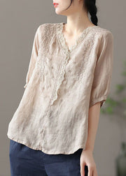 Plus Size Khaki Embroidered Lace Patchwork Linen Shirt Half Sleeve