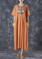 Plus Size Khaki Embroidered Linen Maxi Dress Summer