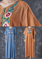 Plus Size Khaki Embroidered Linen Maxi Dress Summer