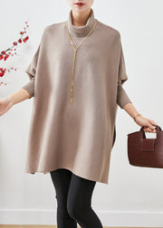 Plus Size Khaki High Neck Patchwork Side Open Cotton Tops Batwing Sleeve