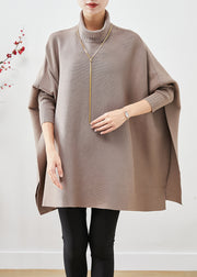Plus Size Khaki High Neck Patchwork Side Open Cotton Tops Batwing Sleeve