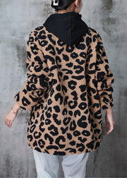 Plus Size Khaki Hooded Leopard Print Fine Cotton Filled Faux Fur Coat Winter