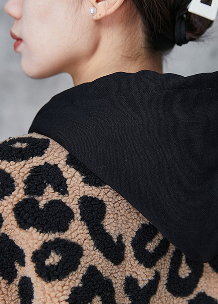 Plus Size Khaki Hooded Leopard Print Fine Cotton Filled Faux Fur Coat Winter