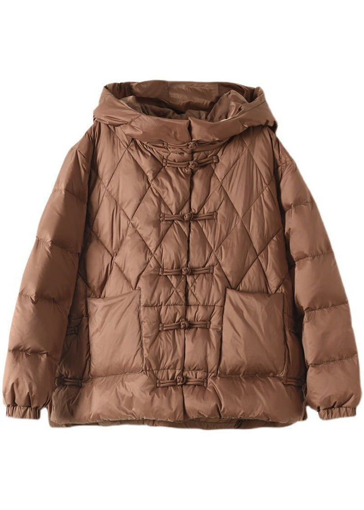 Plus Size Khaki Hooded Oriental Button Pockets Duck Down Down Jacket Winter