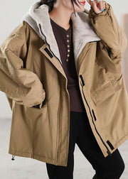 Plus Size Khaki Hooded Patchwork Faux Fur Coat Winter