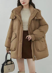 Plus Size Khaki Hooded Zip Up Pockets Duck Down Coats Winter