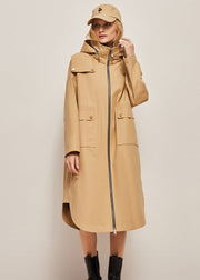 Plus Size Khaki Hooded Zippered Cotton Cocoon Coats Spring