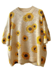 Plus Size Khaki Knit O-Neck Loose Floral Fall Half Sleeve Top - SooLinen