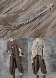 Plus Size Khaki O-Neck Asymmetrical Design Fall Half Sleeve Tops - SooLinen