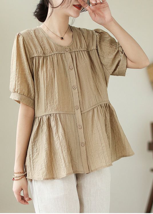 Plus Size Khaki O-Neck Patchwork Wrinkled Cotton Shirt Summer